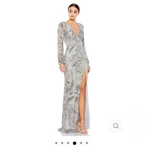 NWT $598 MAC DUGGAL SEQUINED FAUX WRAP SPLIT LONG SLEEVE GOWN DRESS 5222